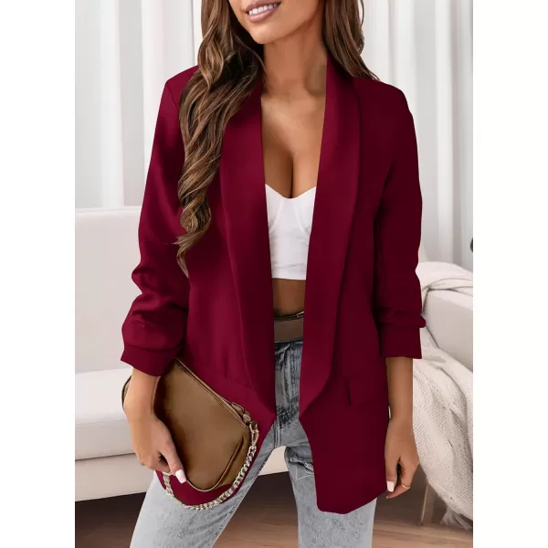 imagePRETTYGARDEN Womens Casual Blazer 2024 Fall Fashion Long Sleeve Open Front Work Office Suit JacketsWine Red