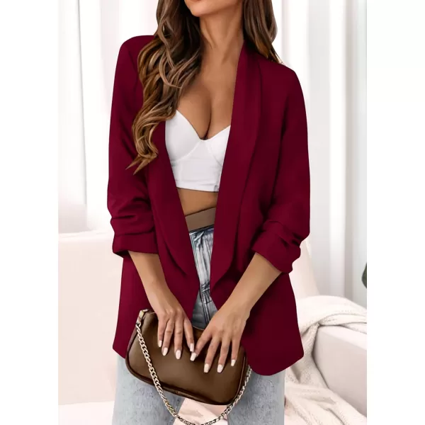 imagePRETTYGARDEN Womens Casual Blazer 2024 Fall Fashion Long Sleeve Open Front Work Office Suit JacketsWine Red