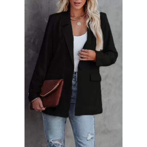 imagePRETTYGARDEN Womens Casual Blazers Long Sleeve Open Front Button Work Office Blazer Jackets with PocketsBlack