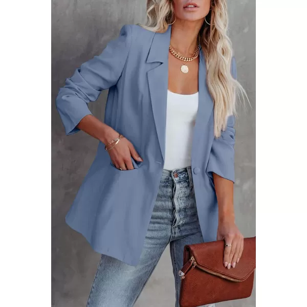 imagePRETTYGARDEN Womens Casual Blazers Long Sleeve Open Front Button Work Office Blazer Jackets with PocketsBlue