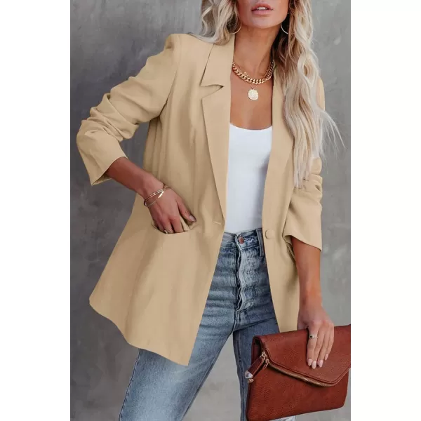 imagePRETTYGARDEN Womens Casual Blazers Long Sleeve Open Front Button Work Office Blazer Jackets with PocketsDark Khaki