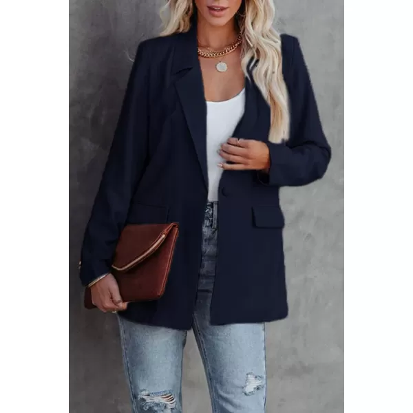 imagePRETTYGARDEN Womens Casual Blazers Long Sleeve Open Front Button Work Office Blazer Jackets with PocketsNavy