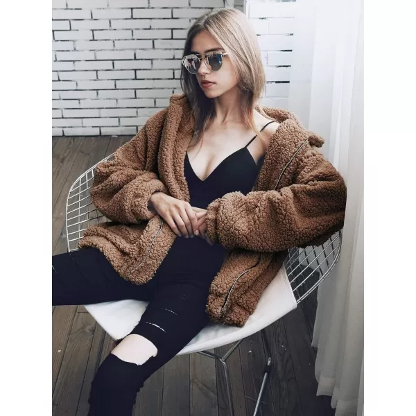 imagePRETTYGARDEN Womens Fashion Winter Coat Sherpa Fleece Faux Fur Shearling Oversized Trendy Jackets Warm OuterwearDark Brown