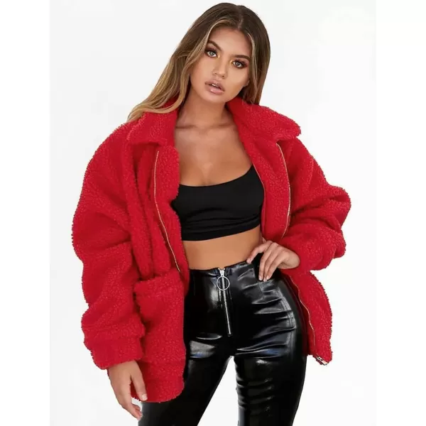 imagePRETTYGARDEN Womens Fashion Winter Coat Sherpa Fleece Faux Fur Shearling Oversized Trendy Jackets Warm OuterwearRed
