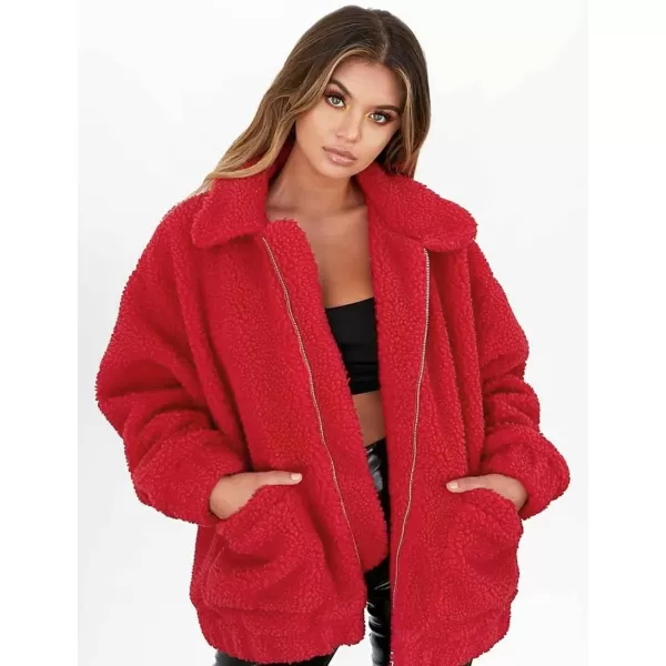 imagePRETTYGARDEN Womens Fashion Winter Coat Sherpa Fleece Faux Fur Shearling Oversized Trendy Jackets Warm OuterwearRed