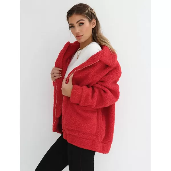 imagePRETTYGARDEN Womens Fashion Winter Coat Sherpa Fleece Faux Fur Shearling Oversized Trendy Jackets Warm OuterwearRed