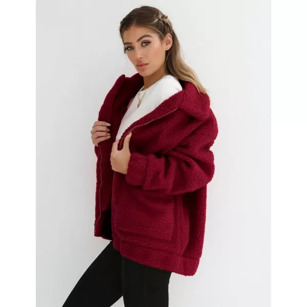imagePRETTYGARDEN Womens Fashion Winter Coat Sherpa Fleece Faux Fur Shearling Oversized Trendy Jackets Warm OuterwearWine Red