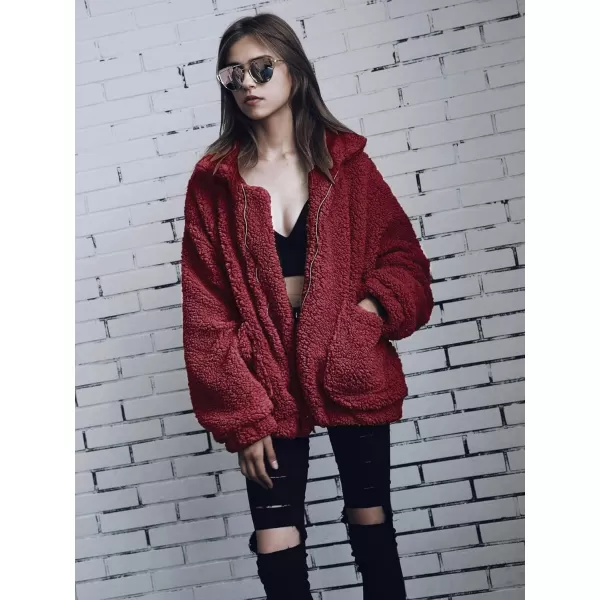imagePRETTYGARDEN Womens Fashion Winter Coat Sherpa Fleece Faux Fur Shearling Oversized Trendy Jackets Warm OuterwearWine Red