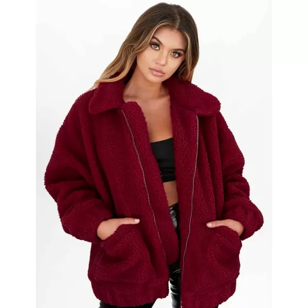 imagePRETTYGARDEN Womens Fashion Winter Coat Sherpa Fleece Faux Fur Shearling Oversized Trendy Jackets Warm OuterwearWine Red