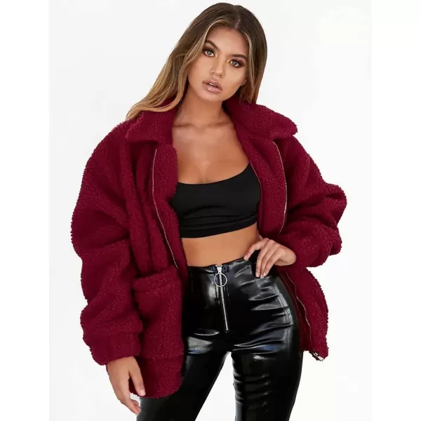 imagePRETTYGARDEN Womens Fashion Winter Coat Sherpa Fleece Faux Fur Shearling Oversized Trendy Jackets Warm OuterwearWine Red