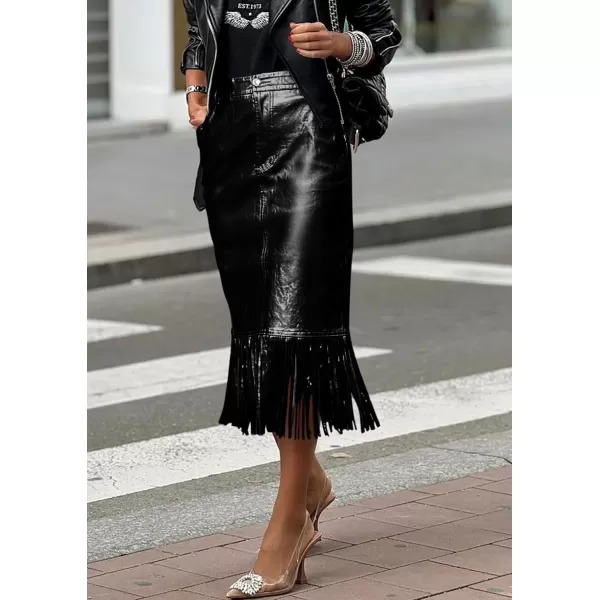 imagePRETTYGARDEN Womens Metallic Midi Party Skirt Casual High Waisted Fringe Shiny Y2K Long Pencil Skirts Fall ClothesBlack