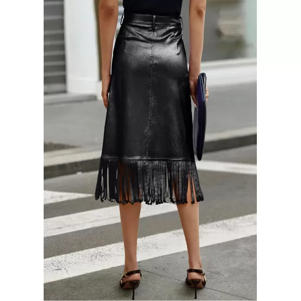 imagePRETTYGARDEN Womens Metallic Midi Party Skirt Casual High Waisted Fringe Shiny Y2K Long Pencil Skirts Fall ClothesBlack