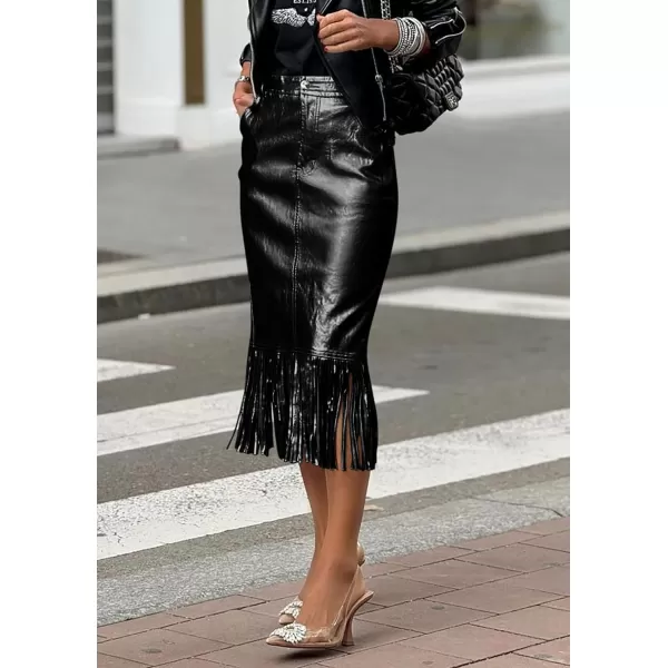imagePRETTYGARDEN Womens Metallic Midi Party Skirt Casual High Waisted Fringe Shiny Y2K Long Pencil Skirts Fall ClothesBlack