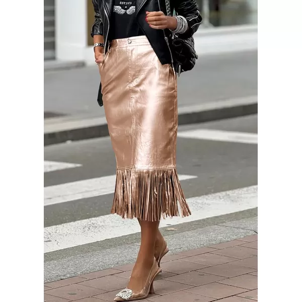 imagePRETTYGARDEN Womens Metallic Midi Party Skirt Casual High Waisted Fringe Shiny Y2K Long Pencil Skirts Fall ClothesChampagne Gold