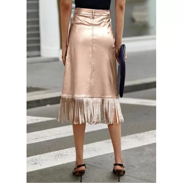 imagePRETTYGARDEN Womens Metallic Midi Party Skirt Casual High Waisted Fringe Shiny Y2K Long Pencil Skirts Fall ClothesChampagne Gold