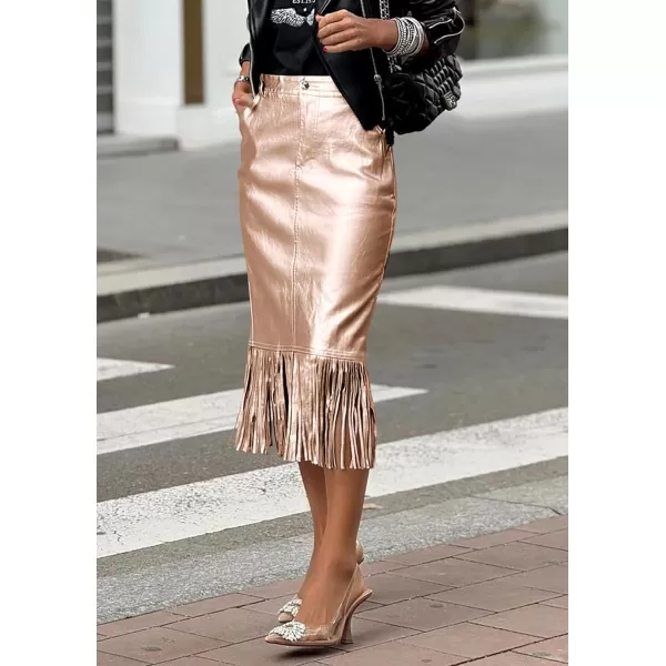 imagePRETTYGARDEN Womens Metallic Midi Party Skirt Casual High Waisted Fringe Shiny Y2K Long Pencil Skirts Fall ClothesChampagne Gold