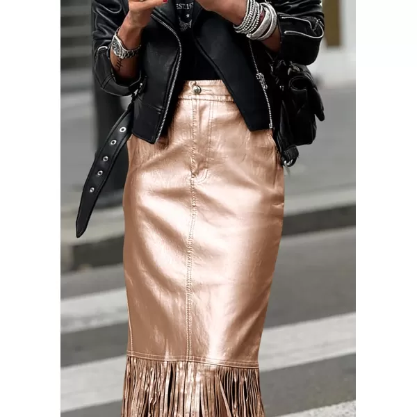 imagePRETTYGARDEN Womens Metallic Midi Party Skirt Casual High Waisted Fringe Shiny Y2K Long Pencil Skirts Fall ClothesChampagne Gold