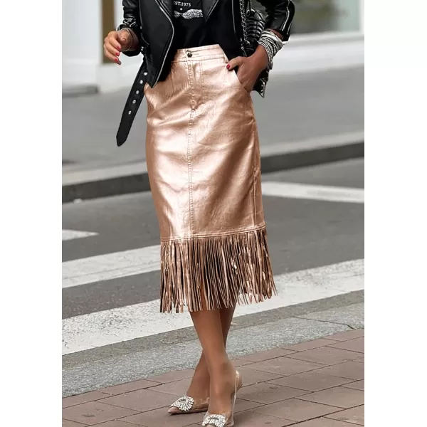 imagePRETTYGARDEN Womens Metallic Midi Party Skirt Casual High Waisted Fringe Shiny Y2K Long Pencil Skirts Fall ClothesChampagne Gold
