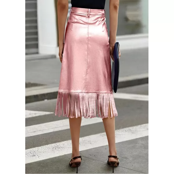 imagePRETTYGARDEN Womens Metallic Midi Party Skirt Casual High Waisted Fringe Shiny Y2K Long Pencil Skirts Fall ClothesMetallic Pink