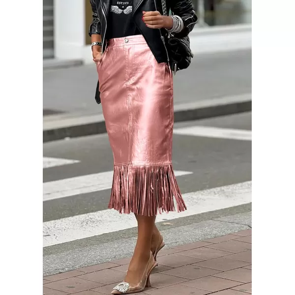 imagePRETTYGARDEN Womens Metallic Midi Party Skirt Casual High Waisted Fringe Shiny Y2K Long Pencil Skirts Fall ClothesMetallic Pink