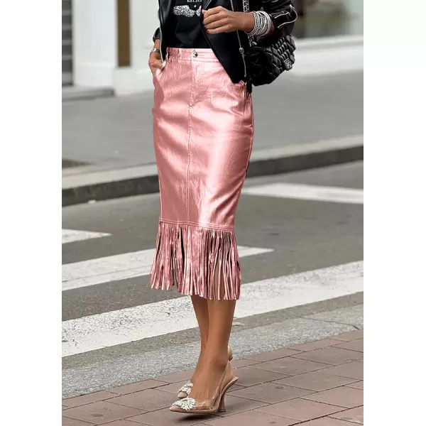 imagePRETTYGARDEN Womens Metallic Midi Party Skirt Casual High Waisted Fringe Shiny Y2K Long Pencil Skirts Fall ClothesMetallic Pink
