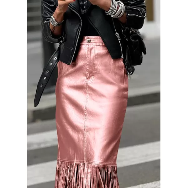 imagePRETTYGARDEN Womens Metallic Midi Party Skirt Casual High Waisted Fringe Shiny Y2K Long Pencil Skirts Fall ClothesMetallic Pink