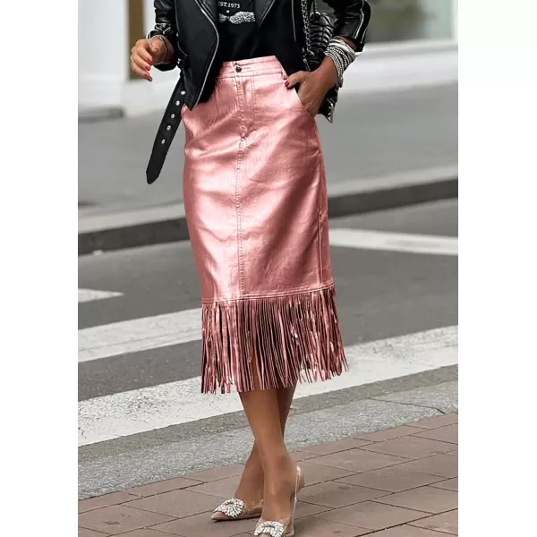 imagePRETTYGARDEN Womens Metallic Midi Party Skirt Casual High Waisted Fringe Shiny Y2K Long Pencil Skirts Fall ClothesMetallic Pink