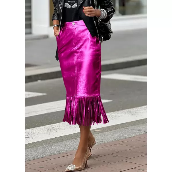 imagePRETTYGARDEN Womens Metallic Midi Party Skirt Casual High Waisted Fringe Shiny Y2K Long Pencil Skirts Fall ClothesRose Red