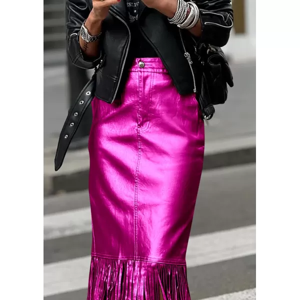 imagePRETTYGARDEN Womens Metallic Midi Party Skirt Casual High Waisted Fringe Shiny Y2K Long Pencil Skirts Fall ClothesRose Red