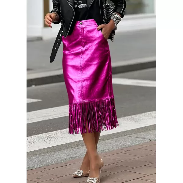 imagePRETTYGARDEN Womens Metallic Midi Party Skirt Casual High Waisted Fringe Shiny Y2K Long Pencil Skirts Fall ClothesRose Red