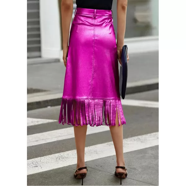 imagePRETTYGARDEN Womens Metallic Midi Party Skirt Casual High Waisted Fringe Shiny Y2K Long Pencil Skirts Fall ClothesRose Red