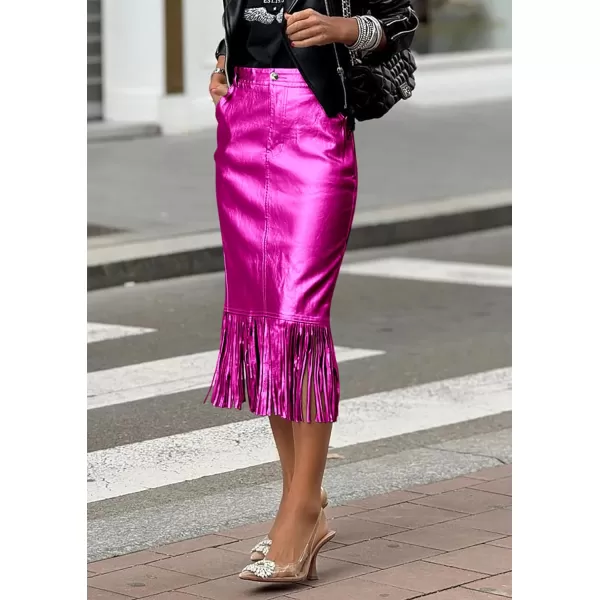 imagePRETTYGARDEN Womens Metallic Midi Party Skirt Casual High Waisted Fringe Shiny Y2K Long Pencil Skirts Fall ClothesRose Red