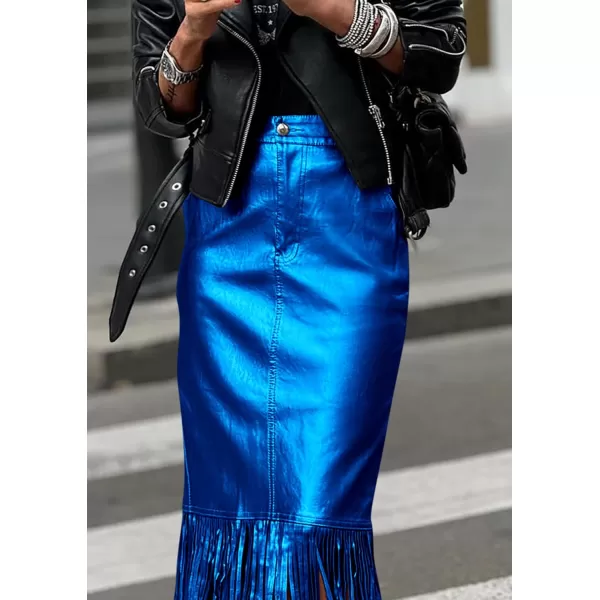 imagePRETTYGARDEN Womens Metallic Midi Party Skirt Casual High Waisted Fringe Shiny Y2K Long Pencil Skirts Fall ClothesRoyal Blue