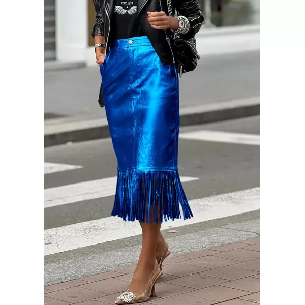imagePRETTYGARDEN Womens Metallic Midi Party Skirt Casual High Waisted Fringe Shiny Y2K Long Pencil Skirts Fall ClothesRoyal Blue