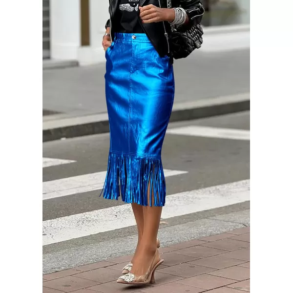 imagePRETTYGARDEN Womens Metallic Midi Party Skirt Casual High Waisted Fringe Shiny Y2K Long Pencil Skirts Fall ClothesRoyal Blue