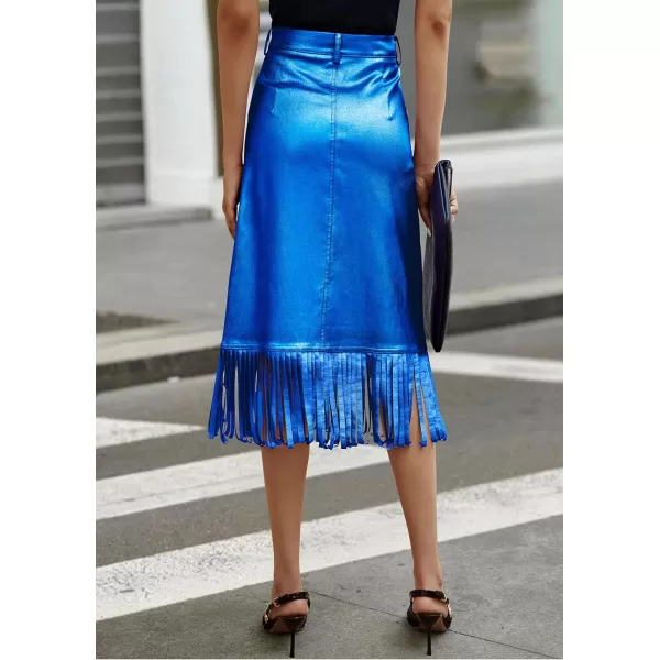 imagePRETTYGARDEN Womens Metallic Midi Party Skirt Casual High Waisted Fringe Shiny Y2K Long Pencil Skirts Fall ClothesRoyal Blue