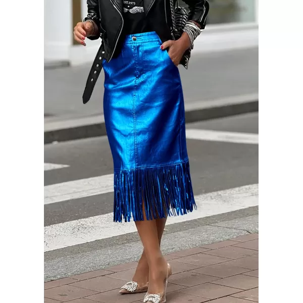 imagePRETTYGARDEN Womens Metallic Midi Party Skirt Casual High Waisted Fringe Shiny Y2K Long Pencil Skirts Fall ClothesRoyal Blue