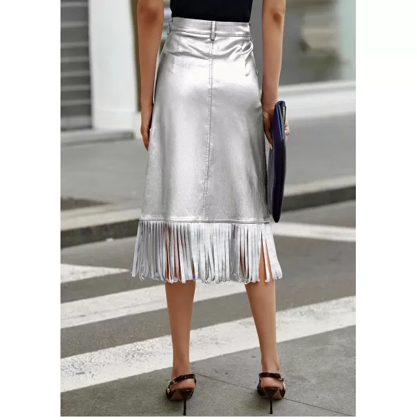 imagePRETTYGARDEN Womens Metallic Midi Party Skirt Casual High Waisted Fringe Shiny Y2K Long Pencil Skirts Fall ClothesSilver