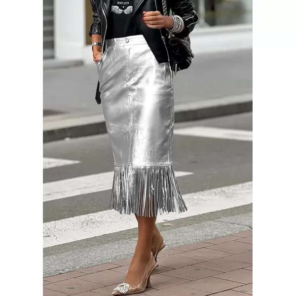 imagePRETTYGARDEN Womens Metallic Midi Party Skirt Casual High Waisted Fringe Shiny Y2K Long Pencil Skirts Fall ClothesSilver