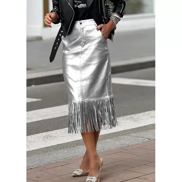 imagePRETTYGARDEN Womens Metallic Midi Party Skirt Casual High Waisted Fringe Shiny Y2K Long Pencil Skirts Fall ClothesSilver