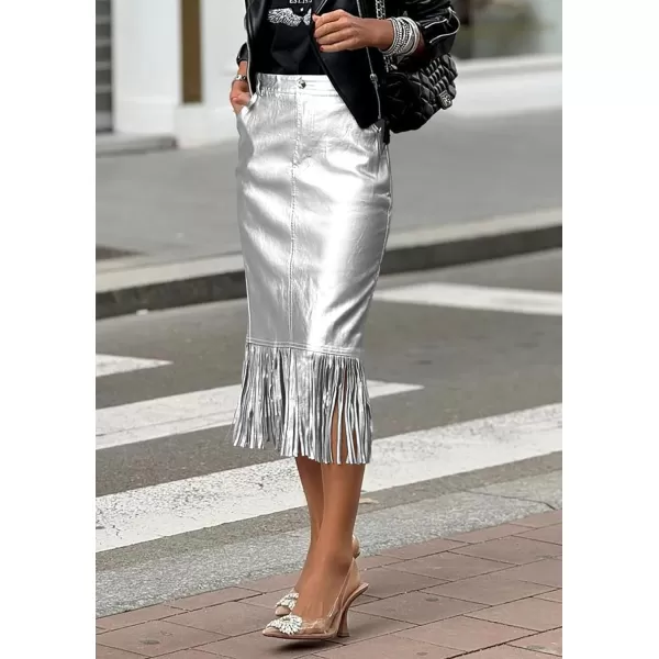 imagePRETTYGARDEN Womens Metallic Midi Party Skirt Casual High Waisted Fringe Shiny Y2K Long Pencil Skirts Fall ClothesSilver