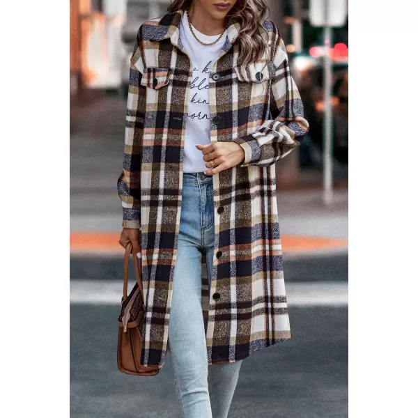 imagePRETTYGARDEN Womens Plaid Shacket 2024 Long Sleeve Button Up Flannel Shirt Winter Tartan Jacket Woolen CoatsBrown