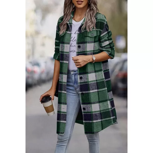 imagePRETTYGARDEN Womens Plaid Shacket 2024 Long Sleeve Button Up Flannel Shirt Winter Tartan Jacket Woolen CoatsDark Green