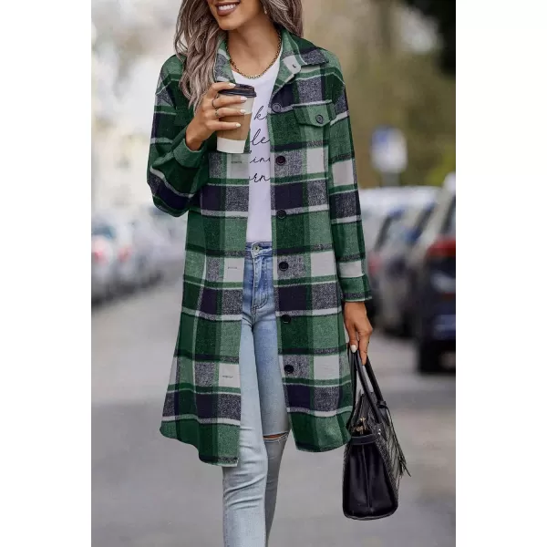imagePRETTYGARDEN Womens Plaid Shacket 2024 Long Sleeve Button Up Flannel Shirt Winter Tartan Jacket Woolen CoatsDark Green