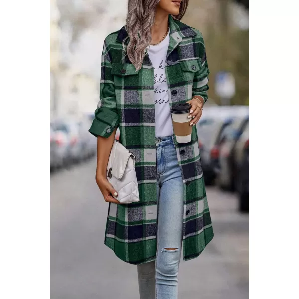 imagePRETTYGARDEN Womens Plaid Shacket 2024 Long Sleeve Button Up Flannel Shirt Winter Tartan Jacket Woolen CoatsDark Green