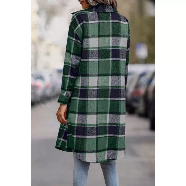 imagePRETTYGARDEN Womens Plaid Shacket 2024 Long Sleeve Button Up Flannel Shirt Winter Tartan Jacket Woolen CoatsDark Green