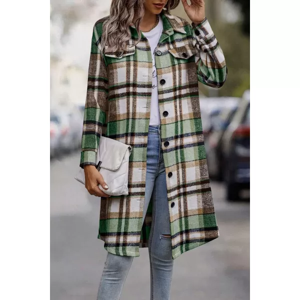 imagePRETTYGARDEN Womens Plaid Shacket 2024 Long Sleeve Button Up Flannel Shirt Winter Tartan Jacket Woolen CoatsGreen