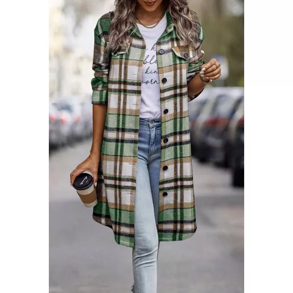 imagePRETTYGARDEN Womens Plaid Shacket 2024 Long Sleeve Button Up Flannel Shirt Winter Tartan Jacket Woolen CoatsGreen