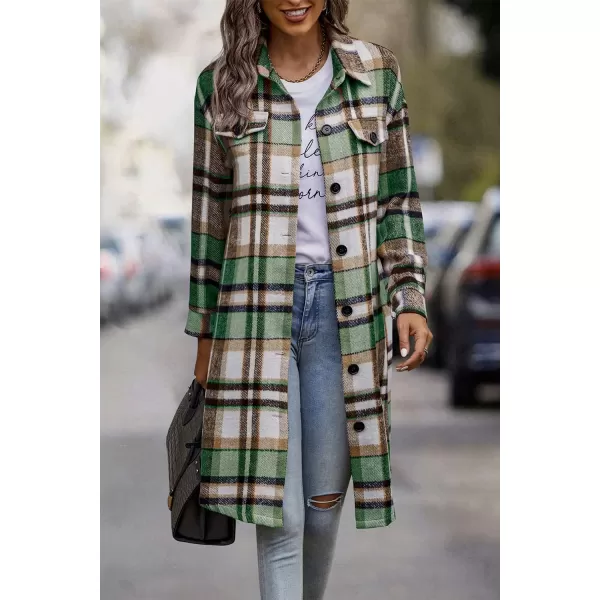 imagePRETTYGARDEN Womens Plaid Shacket 2024 Long Sleeve Button Up Flannel Shirt Winter Tartan Jacket Woolen CoatsGreen