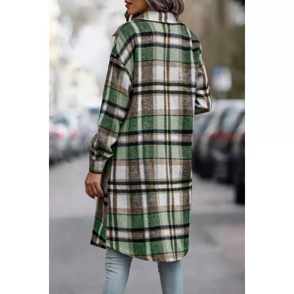 imagePRETTYGARDEN Womens Plaid Shacket 2024 Long Sleeve Button Up Flannel Shirt Winter Tartan Jacket Woolen CoatsGreen